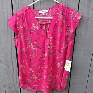 Chaus Bright Pink Floral V-Neck Cap Sleeve Blouse